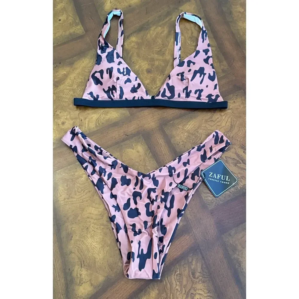 Zaful Black And Brown Animal Print Swimsuit Size US 6 NWT Lakelife Beach Vacay - Picture 1 of 7